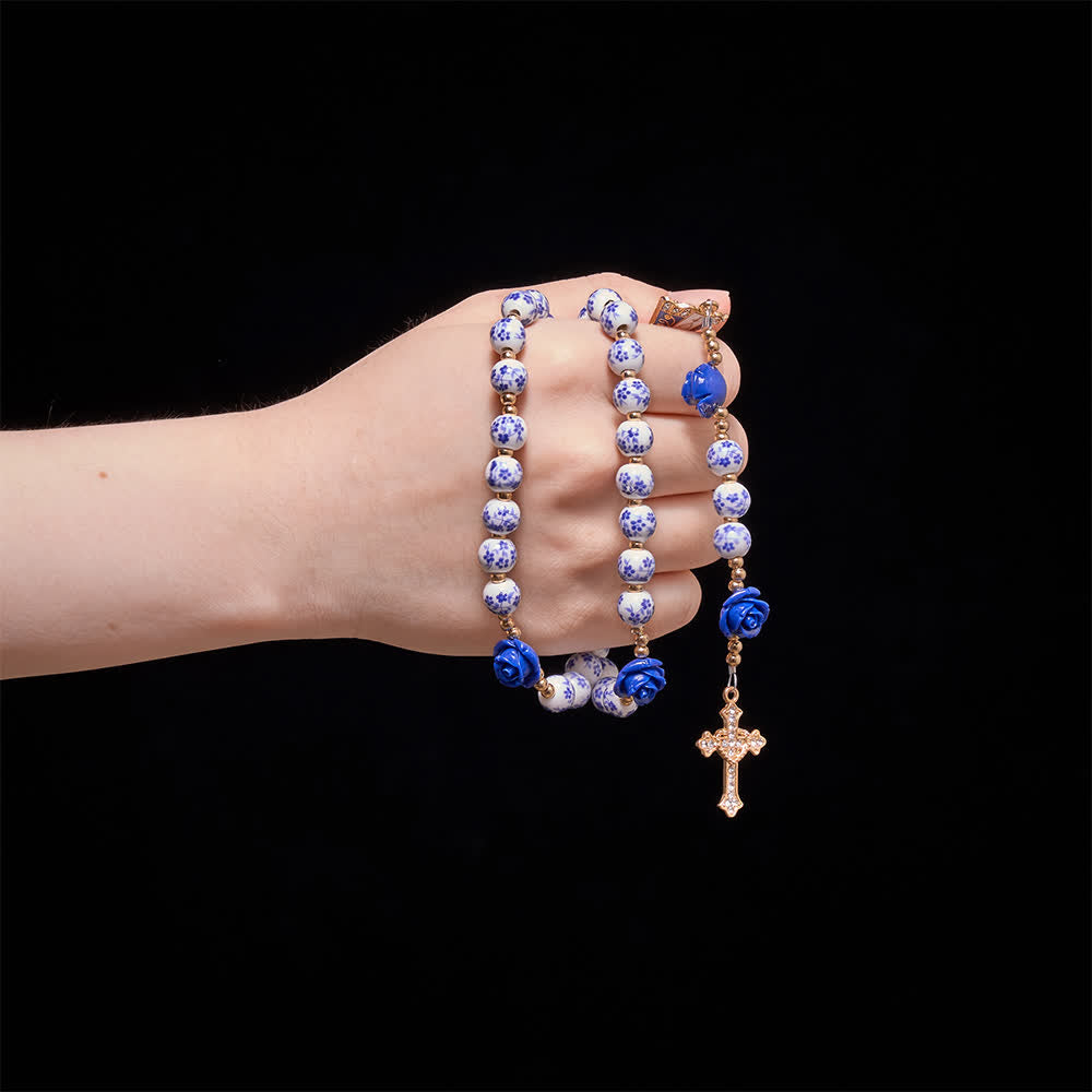 Blue Porcelain Bead Rosary With Blue Rose Ornaments & Our Lady of Aparecida Medal