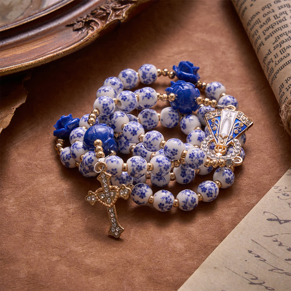Blue Porcelain Bead Rosary With Blue Rose Ornaments & Our Lady of Aparecida Medal