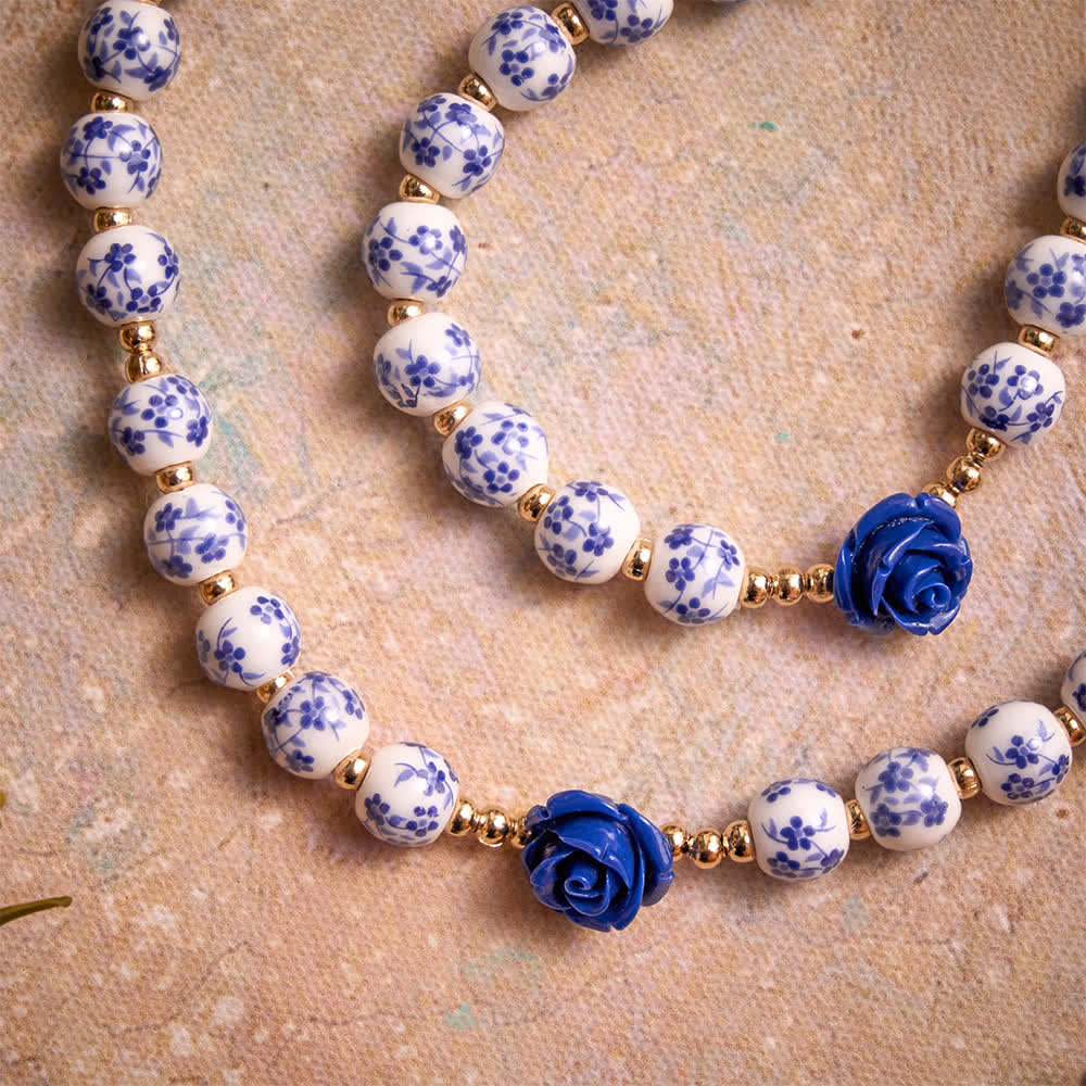 Blue Porcelain Bead Rosary With Blue Rose Ornaments & Our Lady of Aparecida Medal