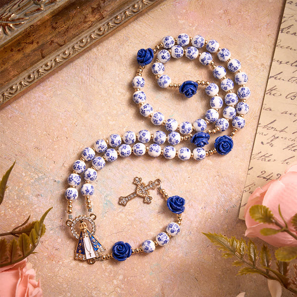 Blue Porcelain Bead Rosary With Blue Rose Ornaments & Our Lady of Aparecida Medal