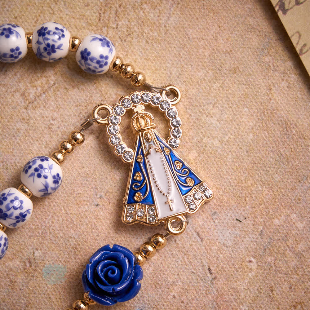 Blue Porcelain Bead Rosary With Blue Rose Ornaments & Our Lady of Aparecida Medal
