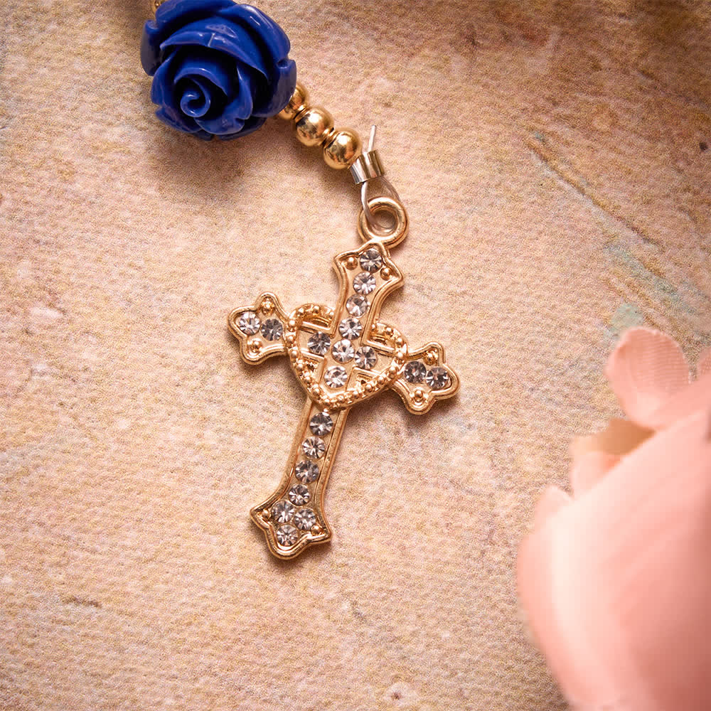 Blue Porcelain Bead Rosary With Blue Rose Ornaments & Our Lady of Aparecida Medal