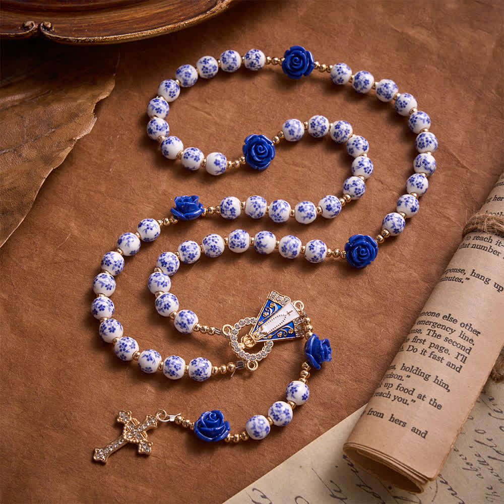 Blue Porcelain Bead Rosary With Blue Rose Ornaments & Our Lady of Aparecida Medal