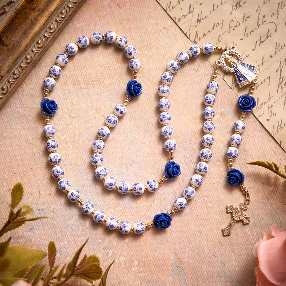 Blue Porcelain Bead Rosary With Blue Rose Ornaments & Our Lady of Aparecida Medal