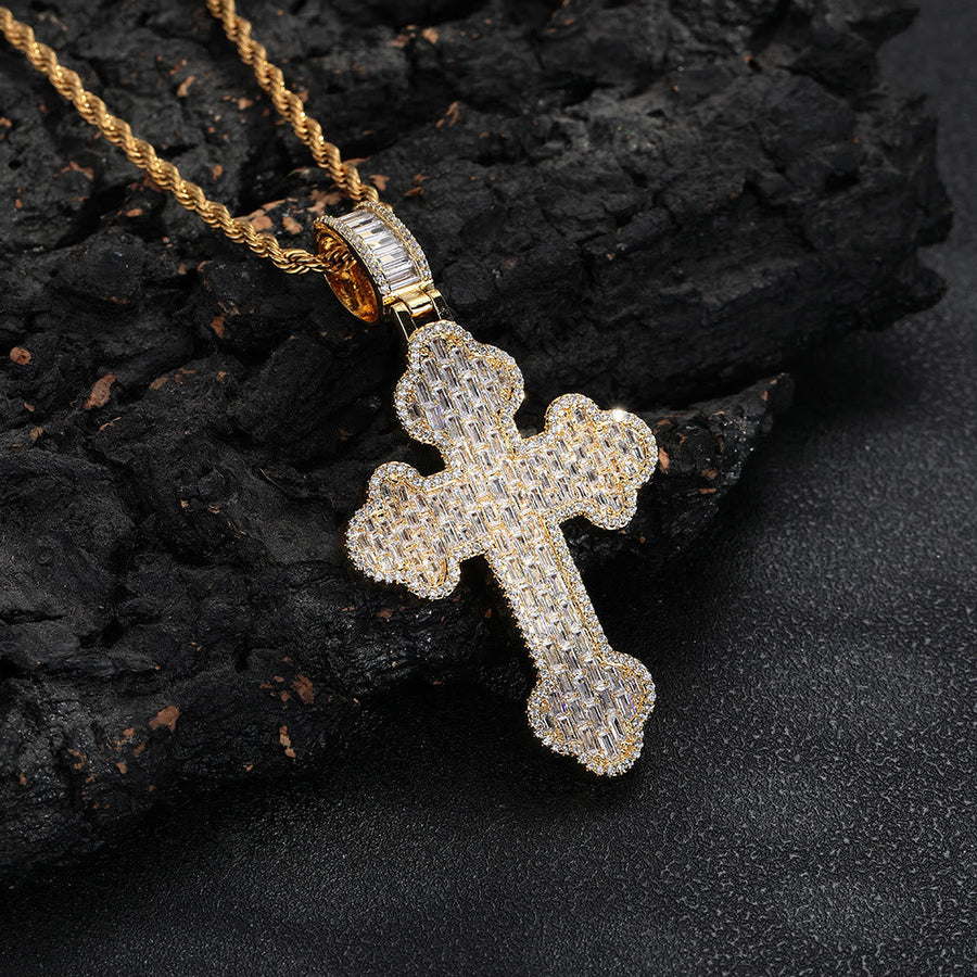 Iced Baguette Vintage Cross Pendant Necklace: Emblem of Everlasting Heavenly Safeguard