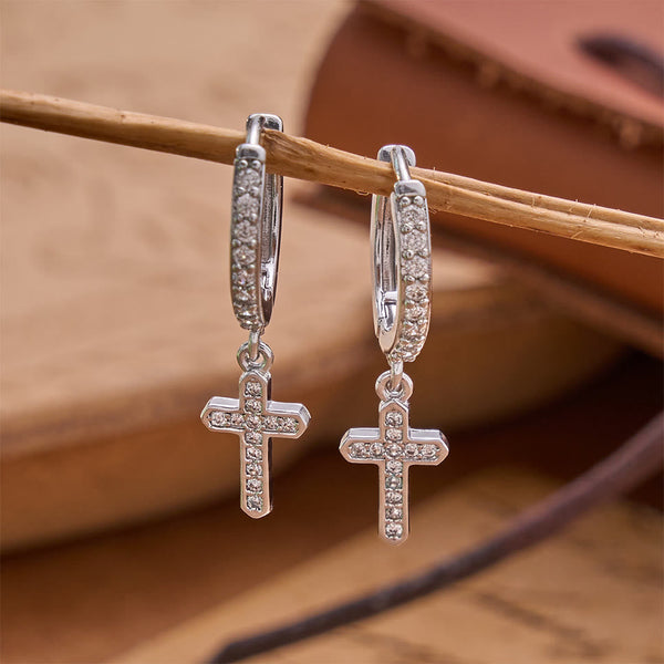Sparkling Pavé Huggie Hoop Cross Drop Earrings: Emblem of Soft Heavenly Shelter
