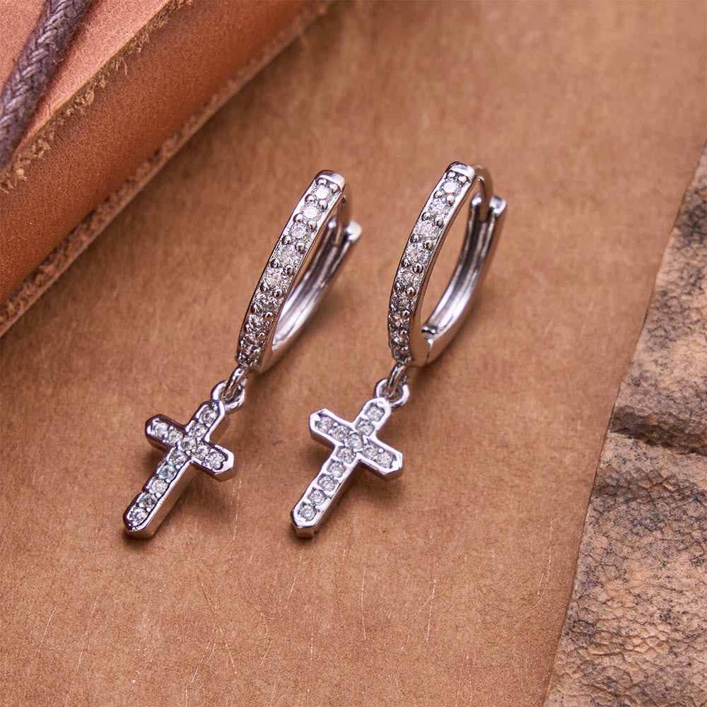 Sparkling Pavé Huggie Hoop Cross Drop Earrings: Emblem of Soft Heavenly Shelter