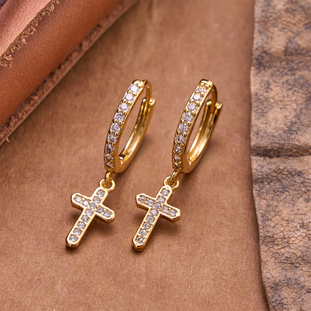 Sparkling Pavé Huggie Hoop Cross Drop Earrings: Emblem of Soft Heavenly Shelter