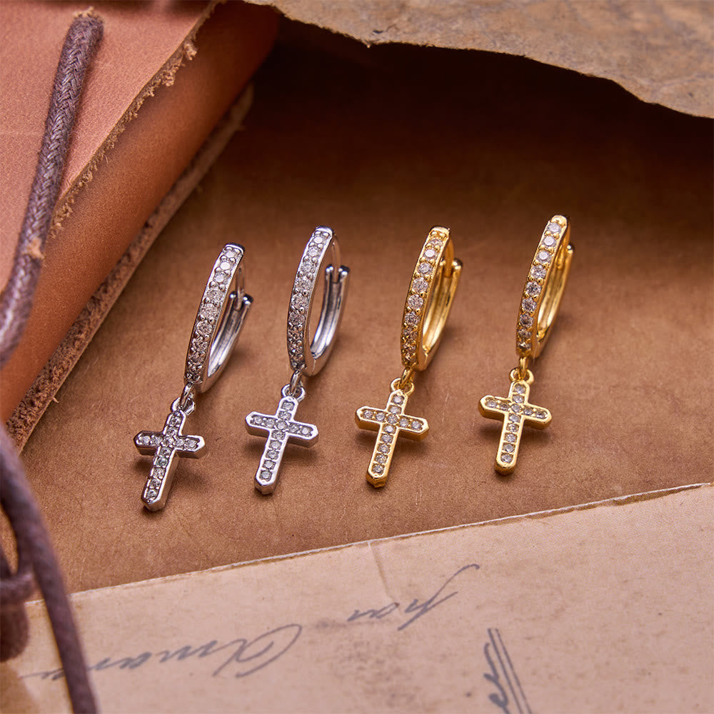 Sparkling Pavé Huggie Hoop Cross Drop Earrings: Emblem of Soft Heavenly Shelter
