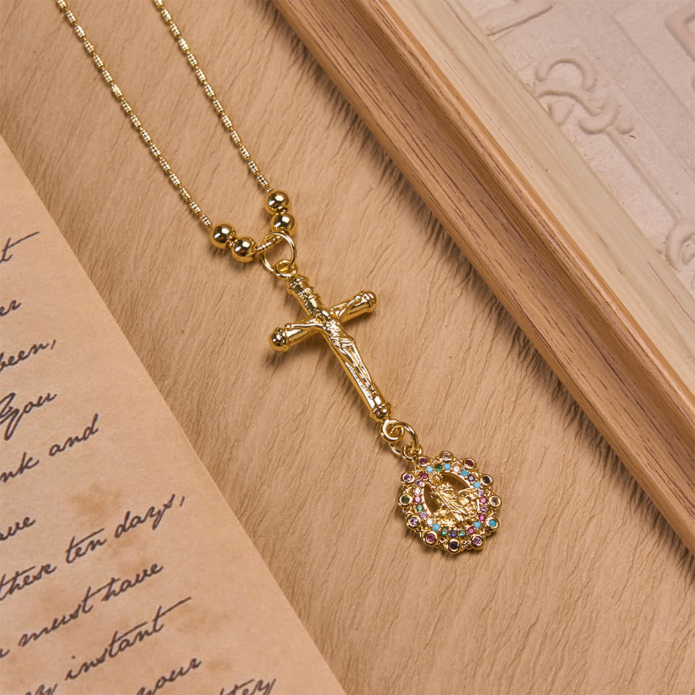 Carved Crucifix & Jeweled Holy Medallion Necklace: Emblem of Tender Heavenly Intercession