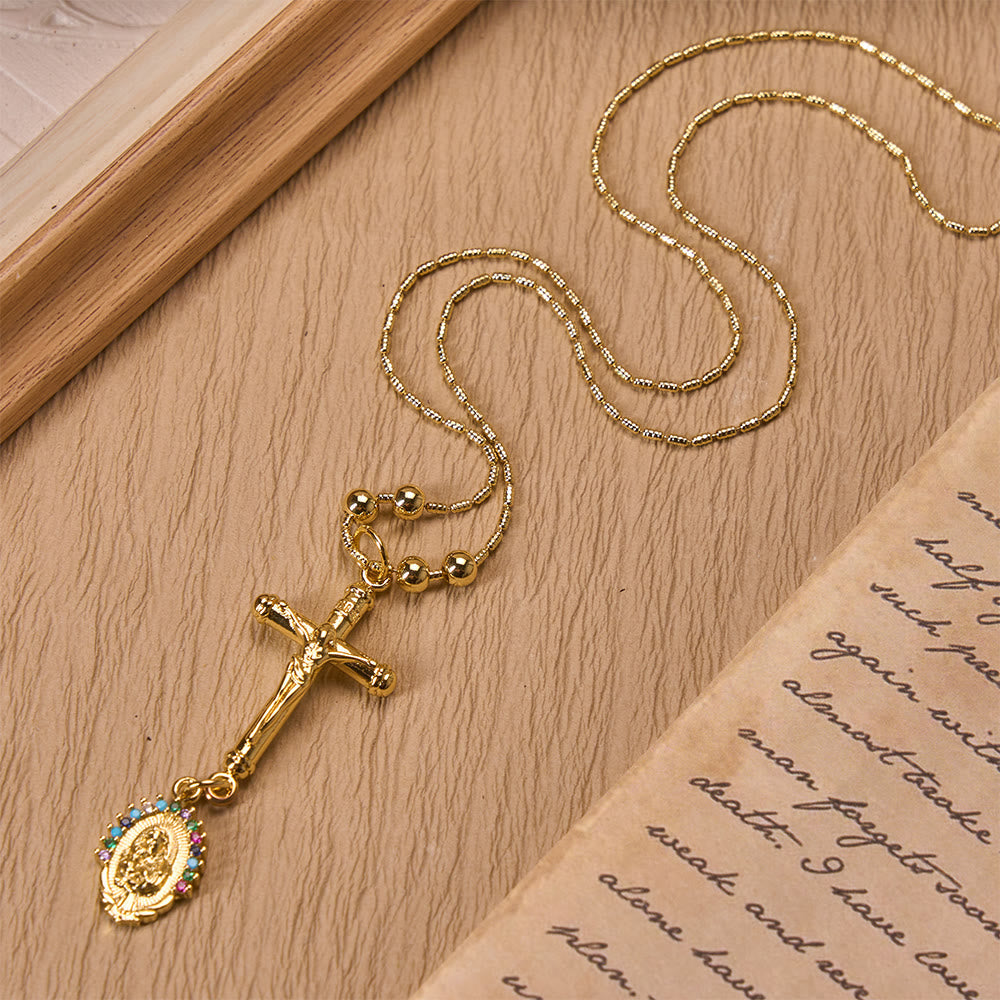 Carved Crucifix & Jeweled Holy Medallion Necklace: Emblem of Tender Heavenly Intercession