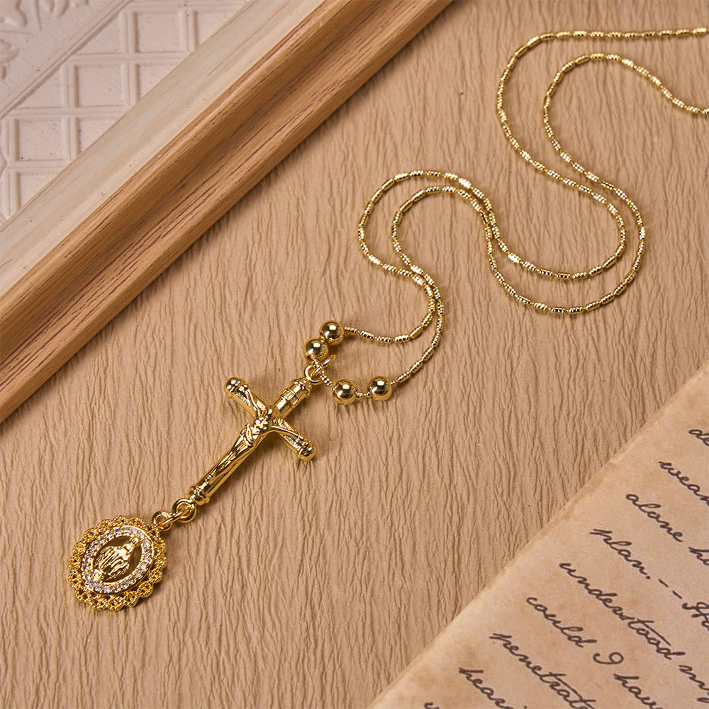 Carved Crucifix & Jeweled Holy Medallion Necklace: Emblem of Tender Heavenly Intercession