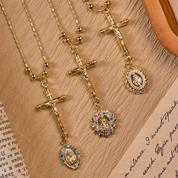 Carved Crucifix & Jeweled Holy Medallion Necklace: Emblem of Tender Heavenly Intercession