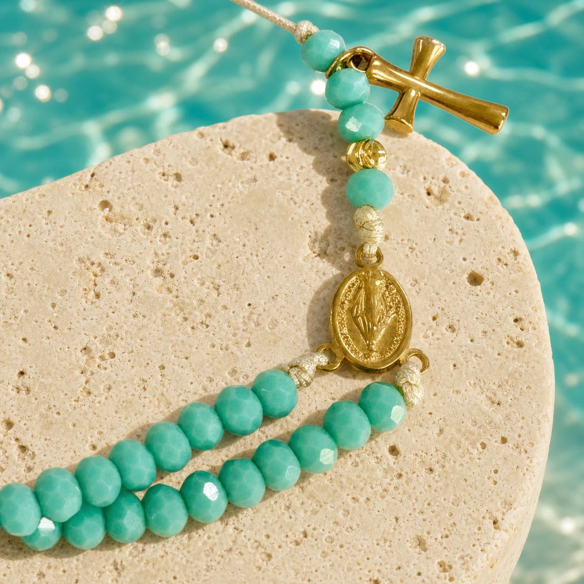 Faceted Crystal Bead Knotted Rosary Bracelet With Cross Charm: Emblem of Gentle Celestial Blessings