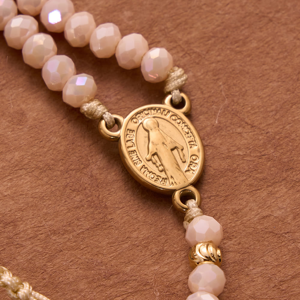 Faceted Crystal Bead Knotted Rosary Bracelet With Cross Charm: Emblem of Gentle Celestial Blessings