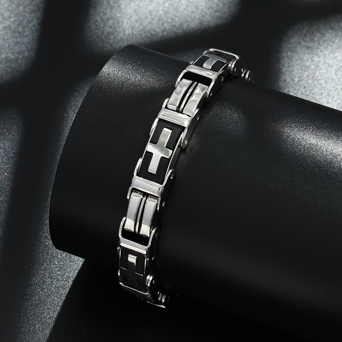 Rugged Biker Style Cross Inlaid Wrist Bracelet: Emblem of Unwavering Inner Serenity