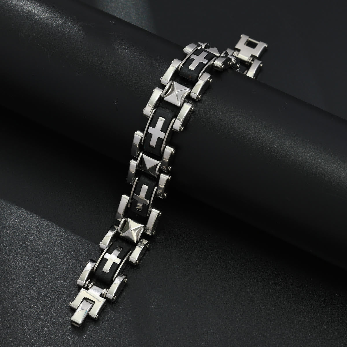 Rugged Biker Style Cross Inlaid Wrist Bracelet: Emblem of Unwavering Inner Serenity