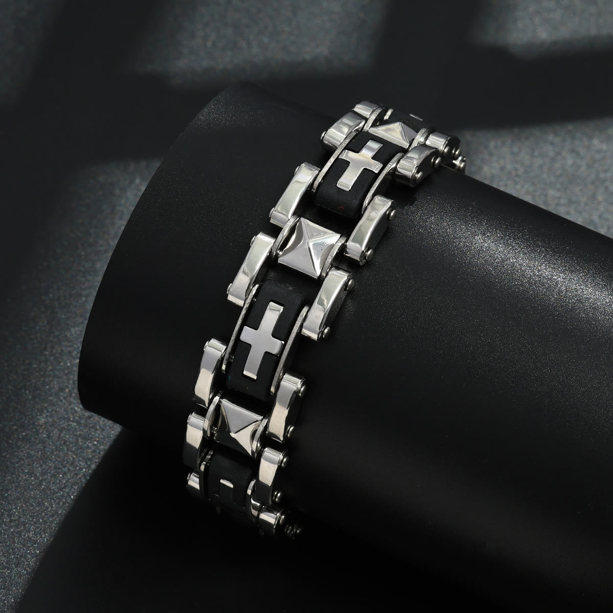Rugged Biker Style Cross Inlaid Wrist Bracelet: Emblem of Unwavering Inner Serenity