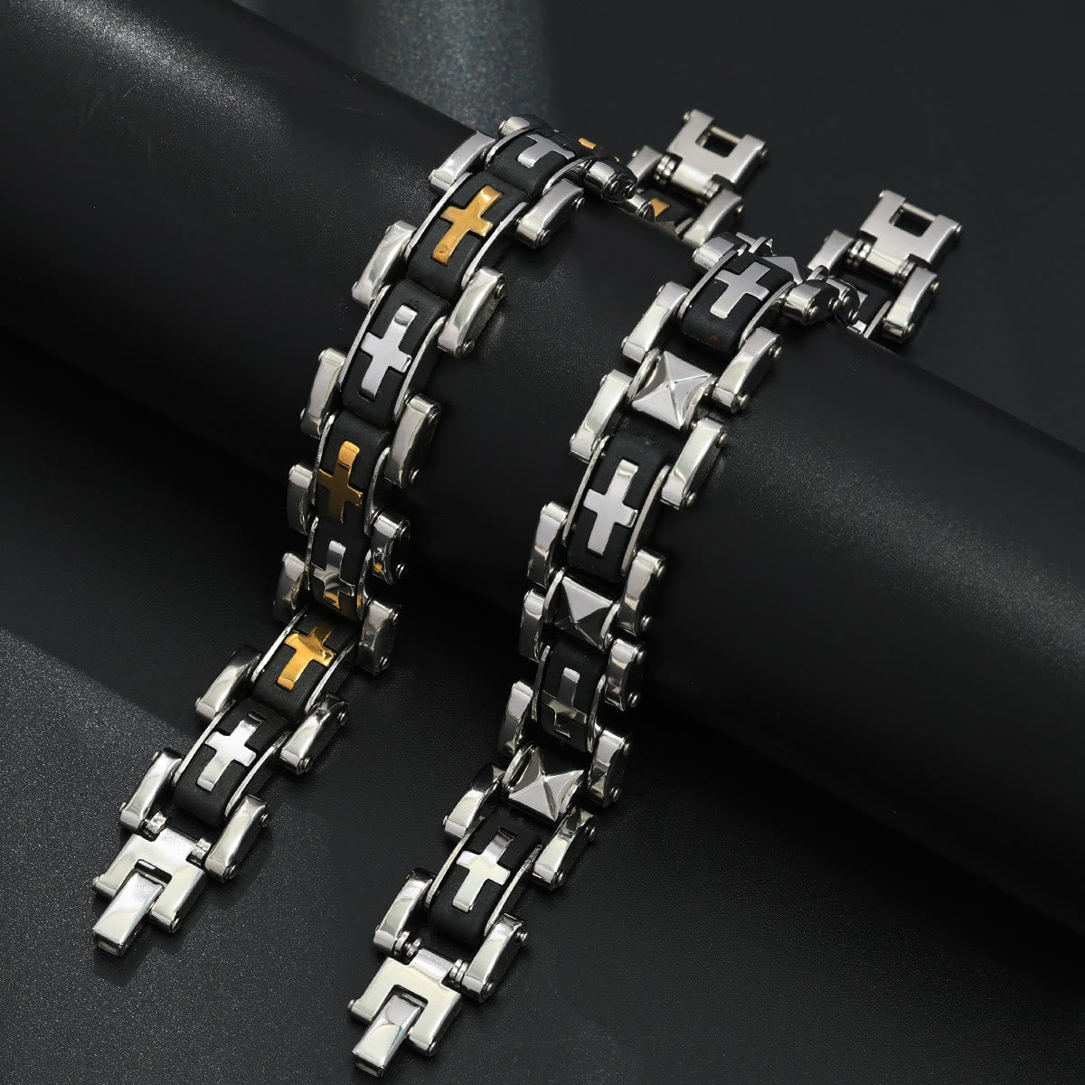 Rugged Biker Style Cross Inlaid Wrist Bracelet: Emblem of Unwavering Inner Serenity