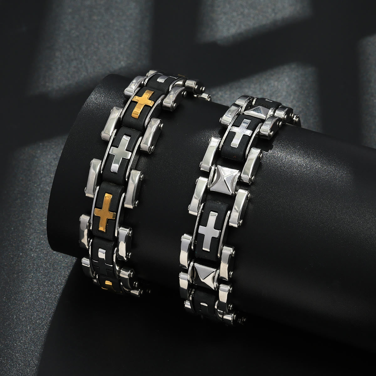 Rugged Biker Style Cross Inlaid Wrist Bracelet: Emblem of Unwavering Inner Serenity