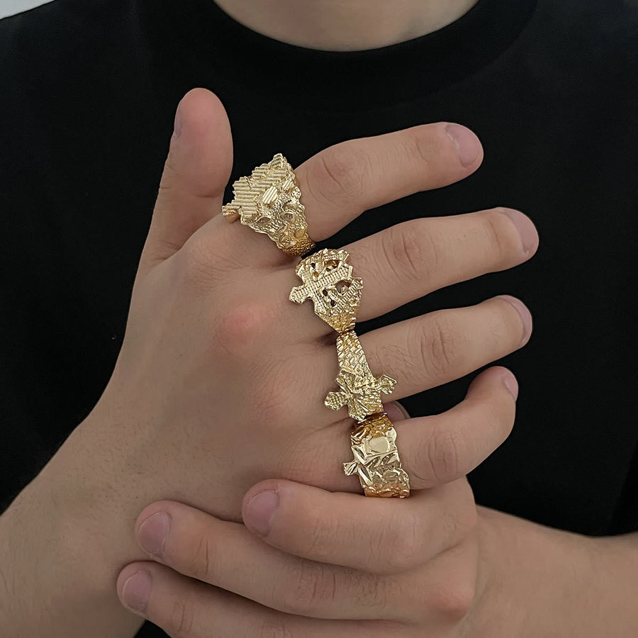 Vintage Irregular Relief Cross Stackable Open Ring: Emblem of Timeless Celestial Hope