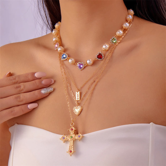 Vintage Layered Jeweled Cross & Pearl Heart Chain Necklace: Emblem of Timeless Heavenly Mercy