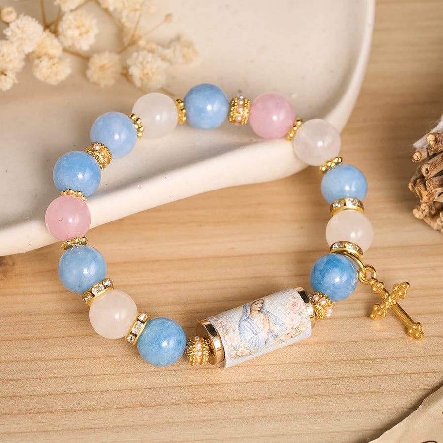 Vintage Printed Cylinder Bead Bracelet With Cross Charm: Emblem of Gentle Heavenly Mercy