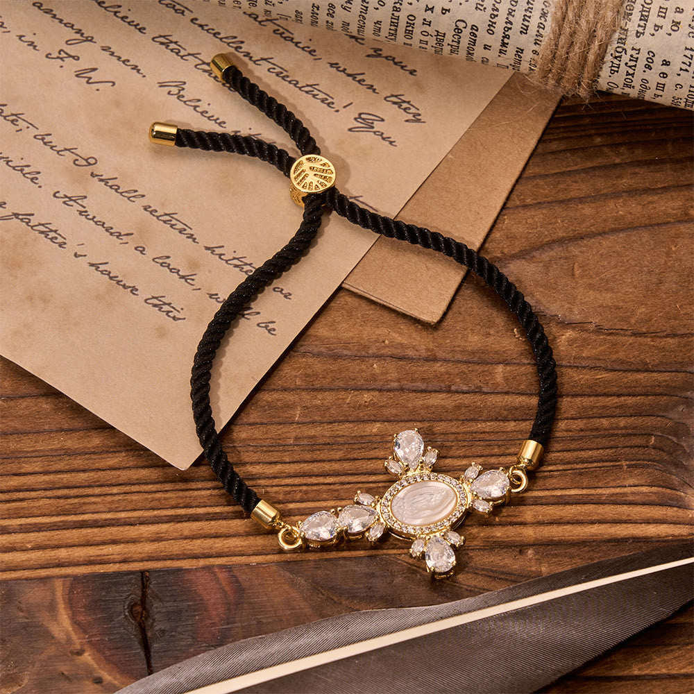 Braided Cord Bracelet With Virgin Mary Portrait Jeweled Cross: Emblem of Motherly Heavenly Mercy