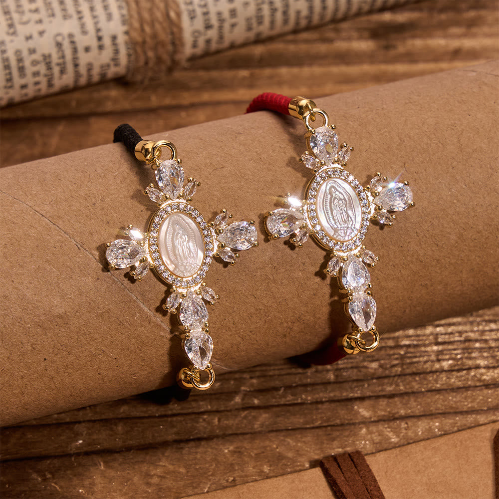 Braided Cord Bracelet With Virgin Mary Portrait Jeweled Cross: Emblem of Motherly Heavenly Mercy