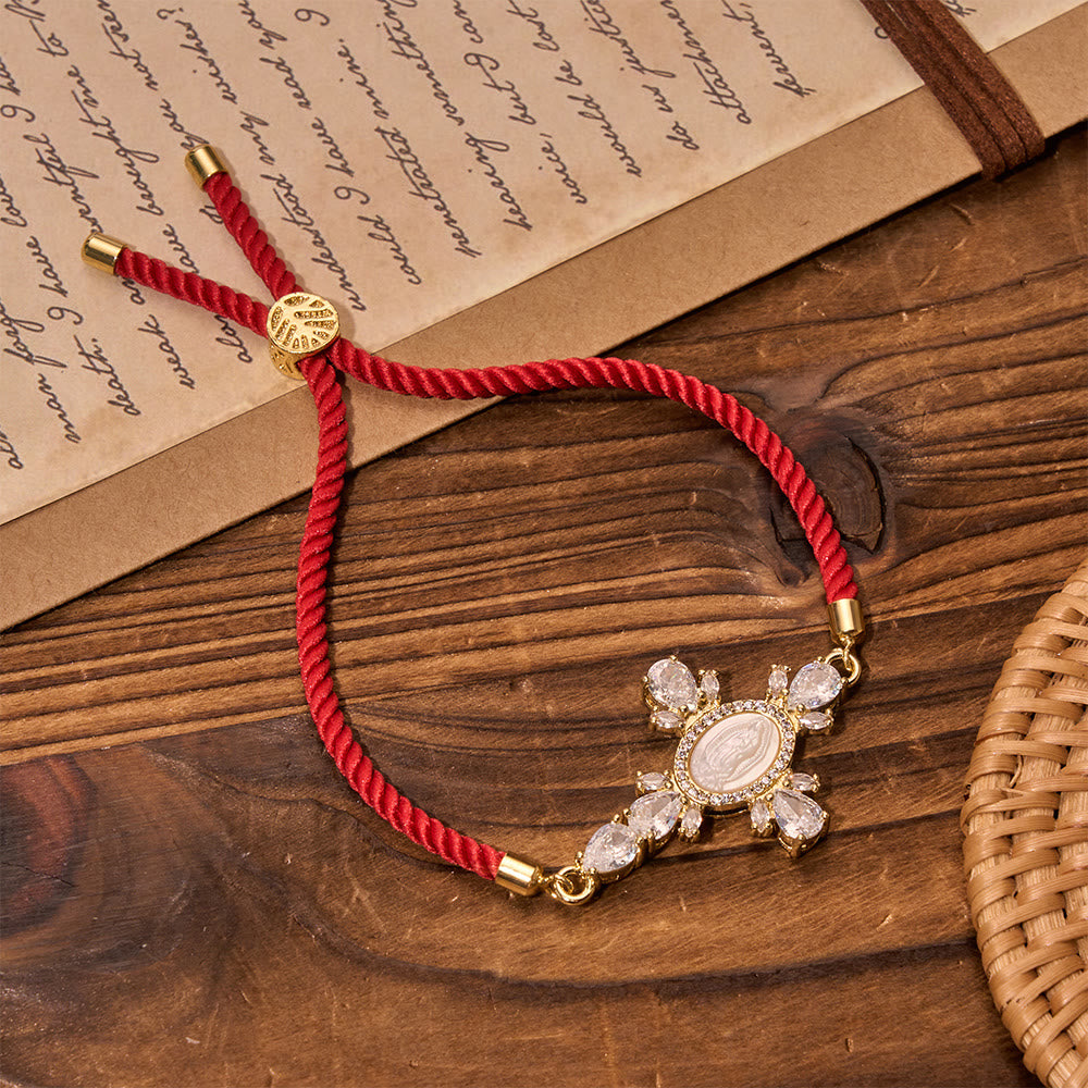 Braided Cord Bracelet With Virgin Mary Portrait Jeweled Cross: Emblem of Motherly Heavenly Mercy