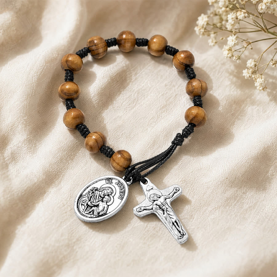 St Joseph Medal Wooden Wrist Rosary Crucifix: Emblem of Family Celestial Safeguard