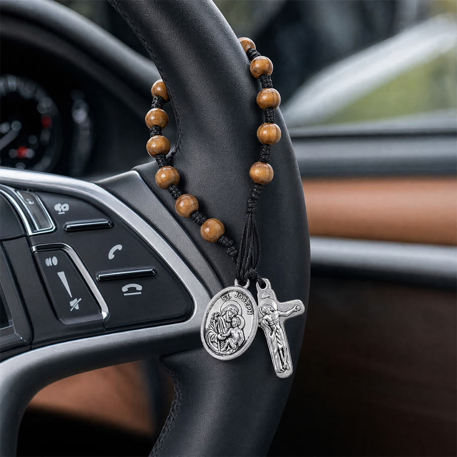 St Joseph Medal Wooden Wrist Rosary Crucifix: Emblem of Family Celestial Safeguard