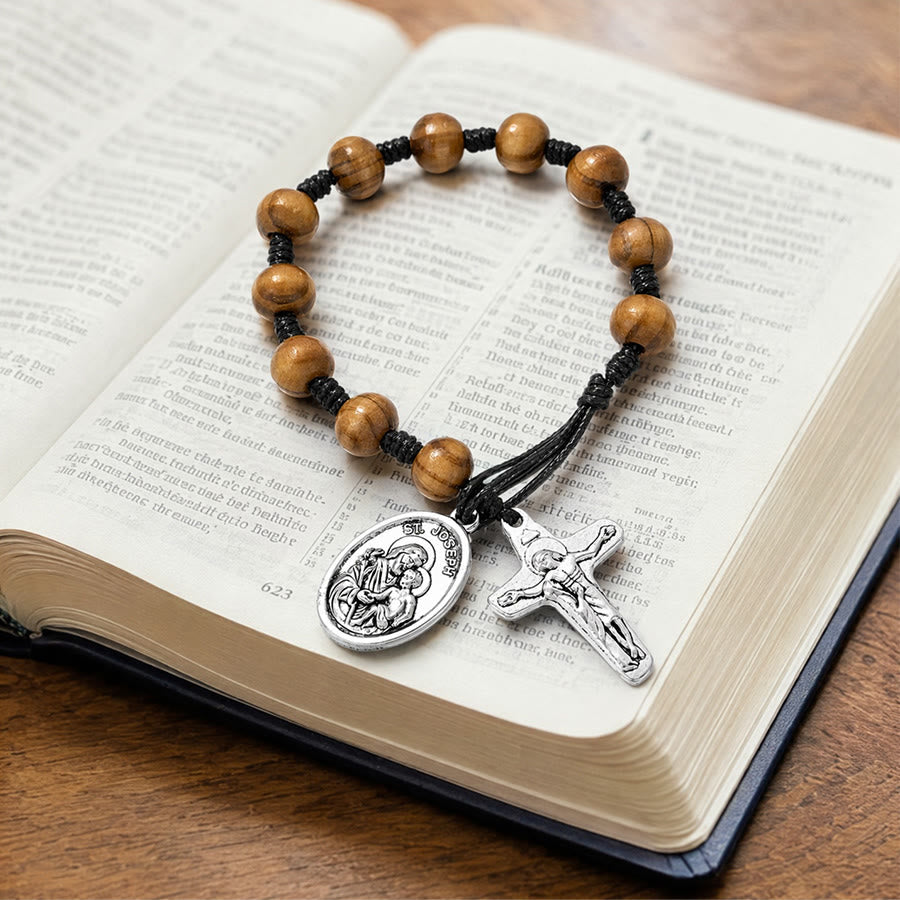 St Joseph Medal Wooden Wrist Rosary Crucifix: Emblem of Family Celestial Safeguard