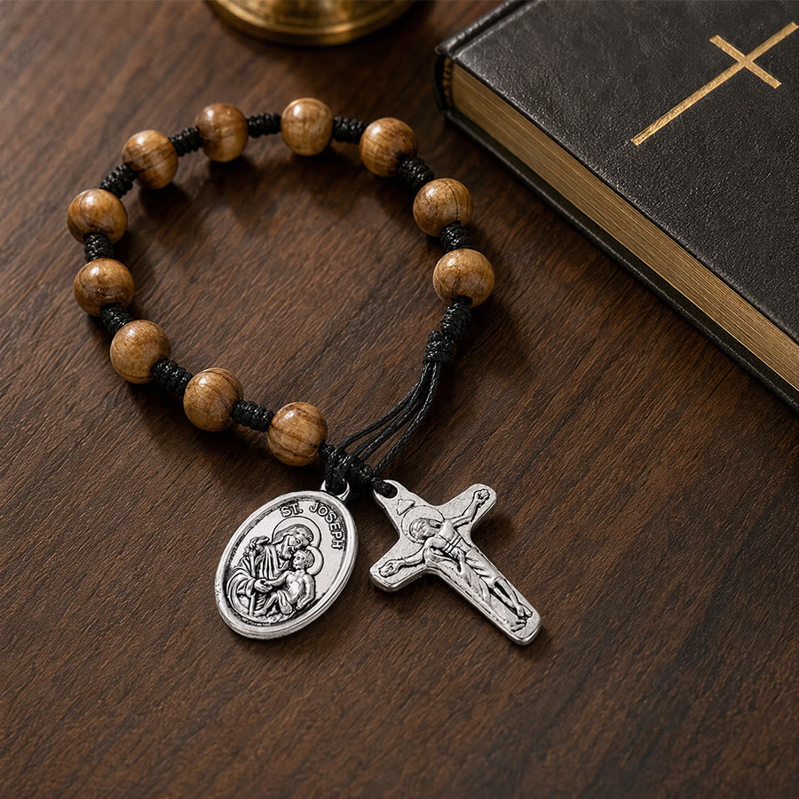 St Joseph Medal Wooden Wrist Rosary Crucifix: Emblem of Family Celestial Safeguard