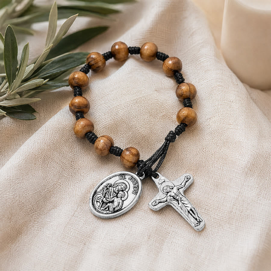 St Joseph Medal Wooden Wrist Rosary Crucifix: Emblem of Family Celestial Safeguard