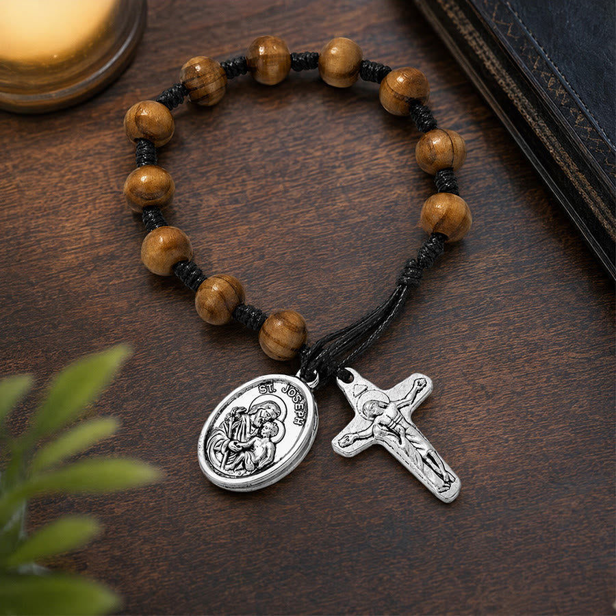 St Joseph Medal Wooden Wrist Rosary Crucifix: Emblem of Family Celestial Safeguard