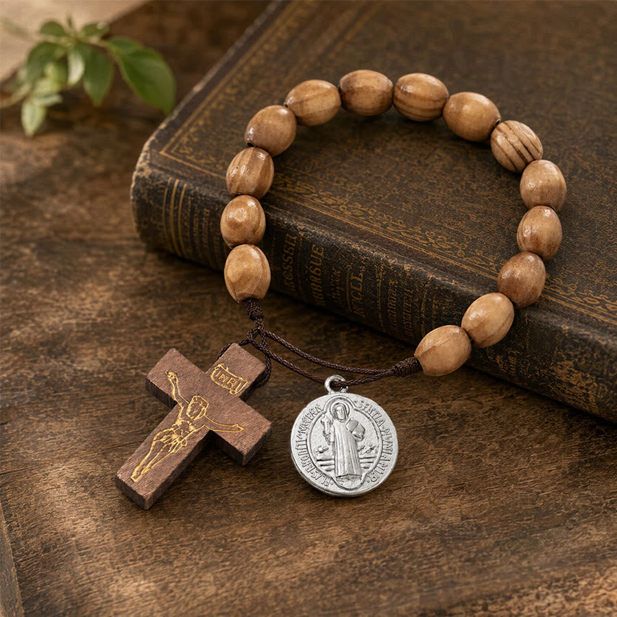 St Joseph Medal Wooden Wrist Rosary Crucifix: Emblem of Family Celestial Safeguard