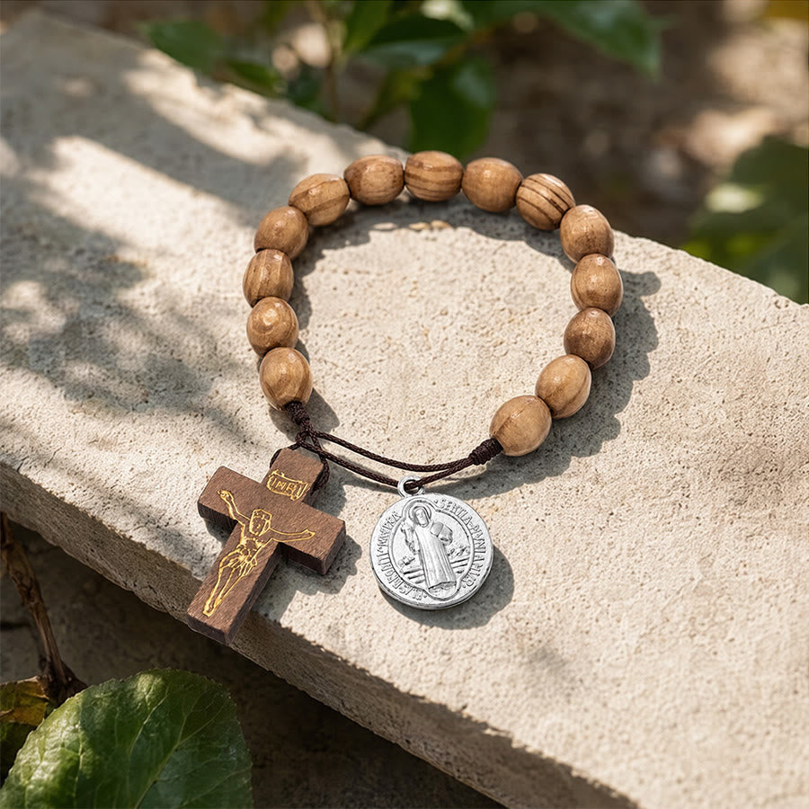 St Joseph Medal Wooden Wrist Rosary Crucifix: Emblem of Family Celestial Safeguard