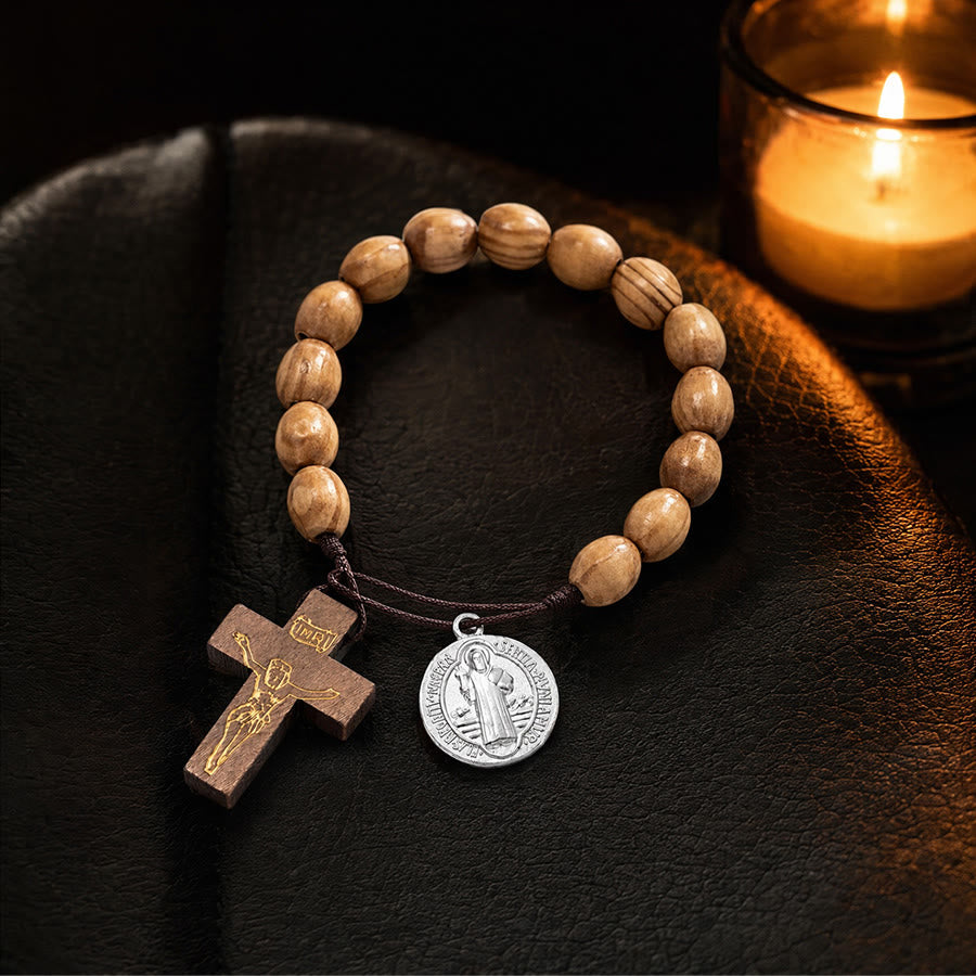 St Joseph Medal Wooden Wrist Rosary Crucifix: Emblem of Family Celestial Safeguard