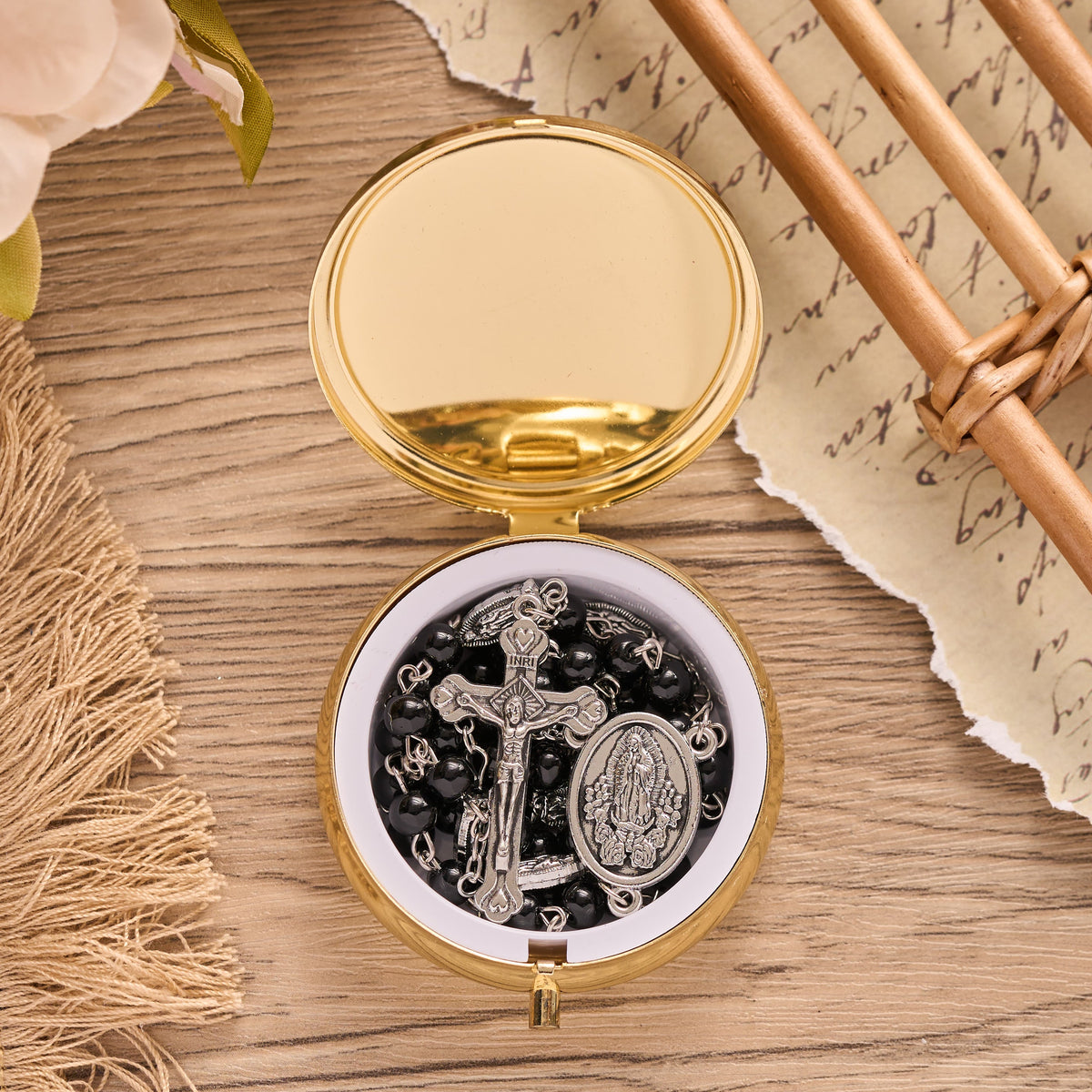 Multicolor Bead Guadalupe Rosary with Engraved Storage Case: Token of Tender Heavenly Comfort