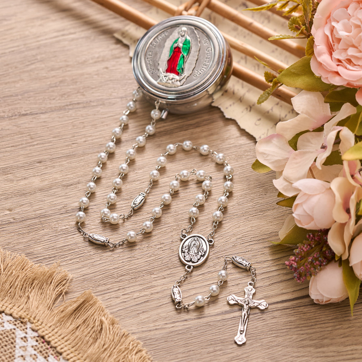 Multicolor Bead Guadalupe Rosary with Engraved Storage Case: Token of Tender Heavenly Comfort