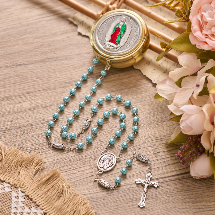 Multicolor Bead Guadalupe Rosary with Engraved Storage Case: Token of Tender Heavenly Comfort