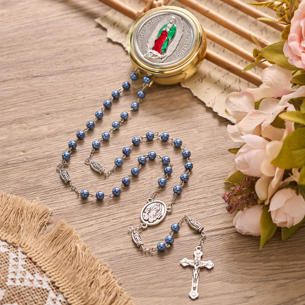 Multicolor Bead Guadalupe Rosary with Engraved Storage Case: Token of Tender Heavenly Comfort