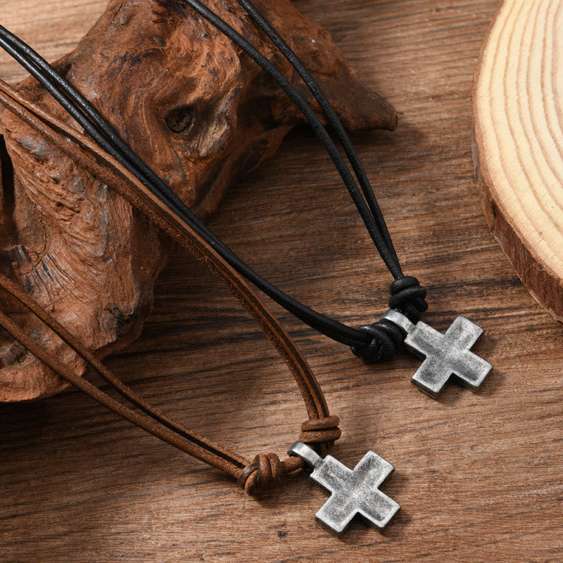 Vintage Aged Cross Leather Cord Necklace: Token of Abiding Heavenly Grace