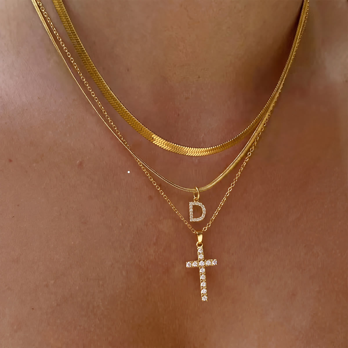 Sparkle Crystal Layered Initial Cross Necklace: Token of Personal Heavenly Grace