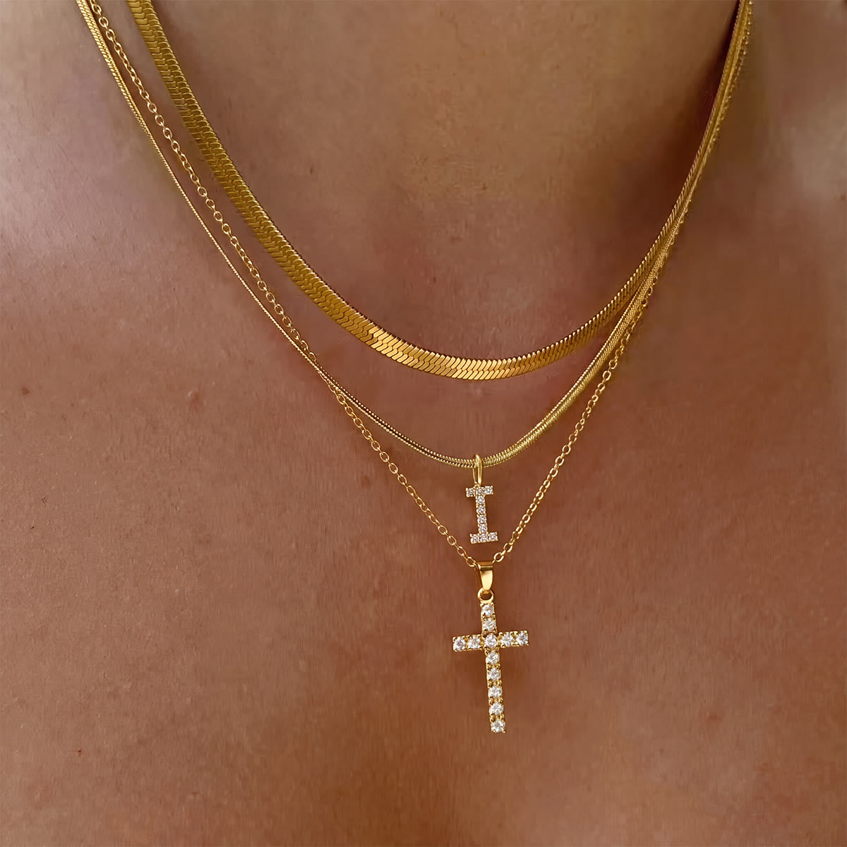 Sparkle Crystal Layered Initial Cross Necklace: Token of Personal Heavenly Grace