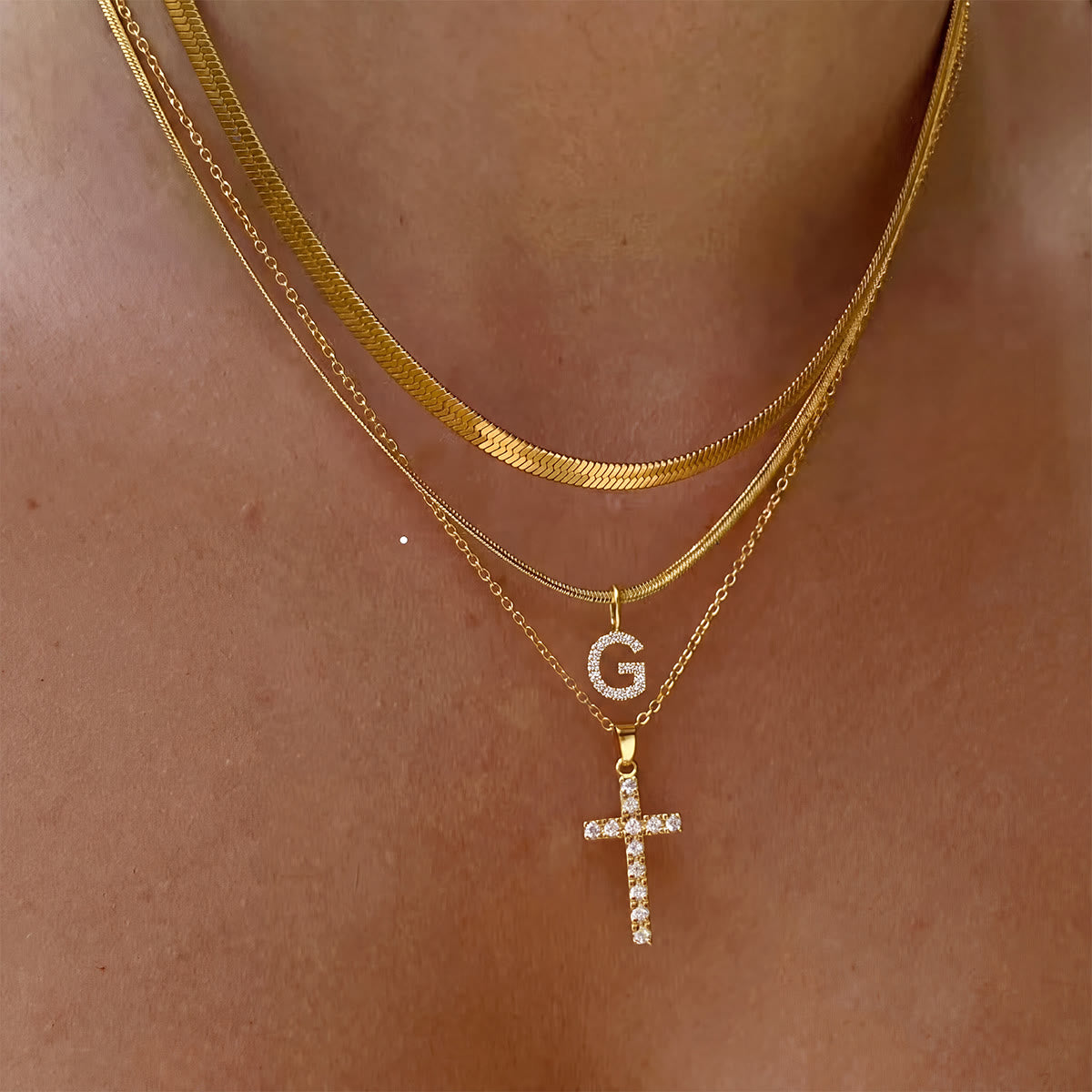Sparkle Crystal Layered Initial Cross Necklace: Token of Personal Heavenly Grace