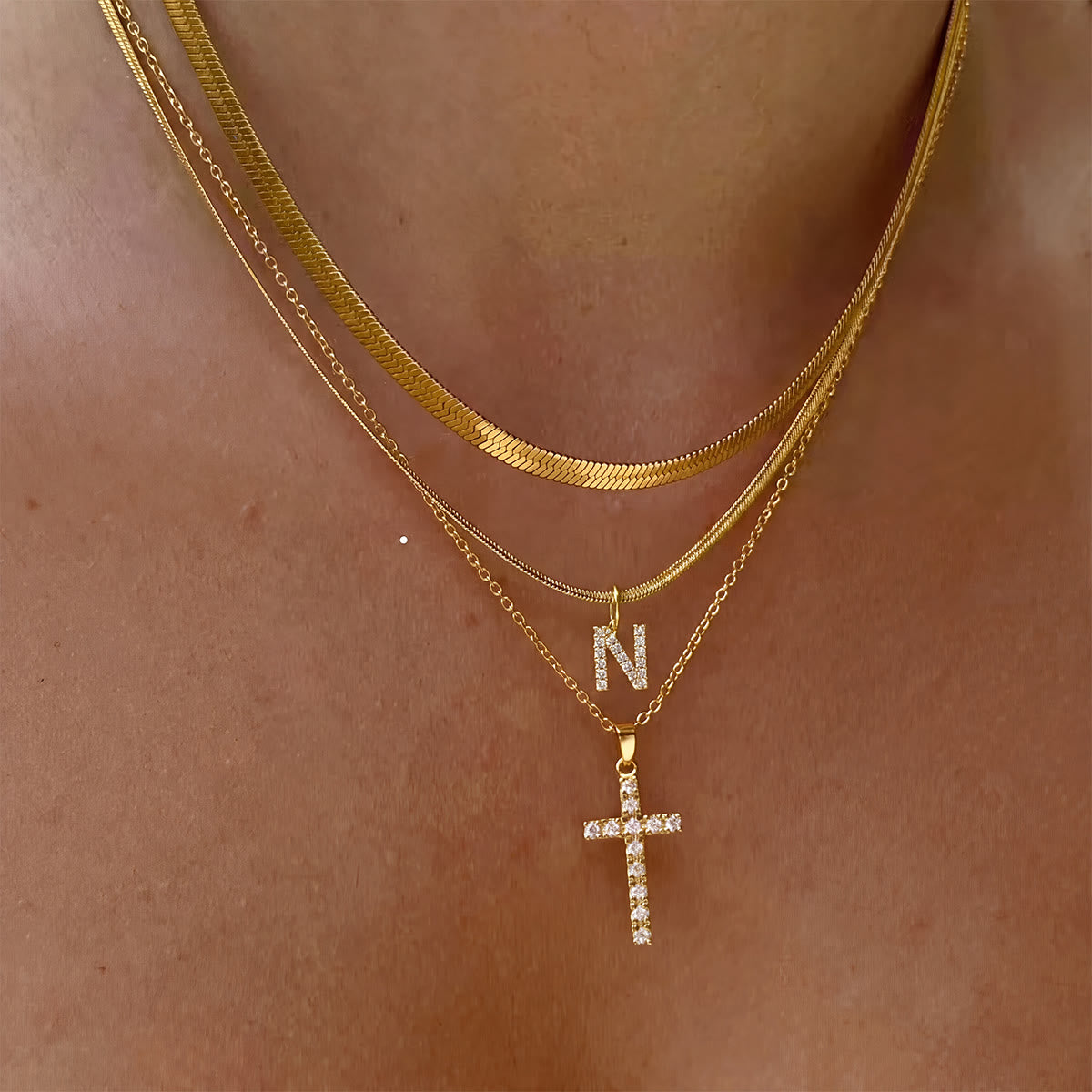 Sparkle Crystal Layered Initial Cross Necklace: Token of Personal Heavenly Grace