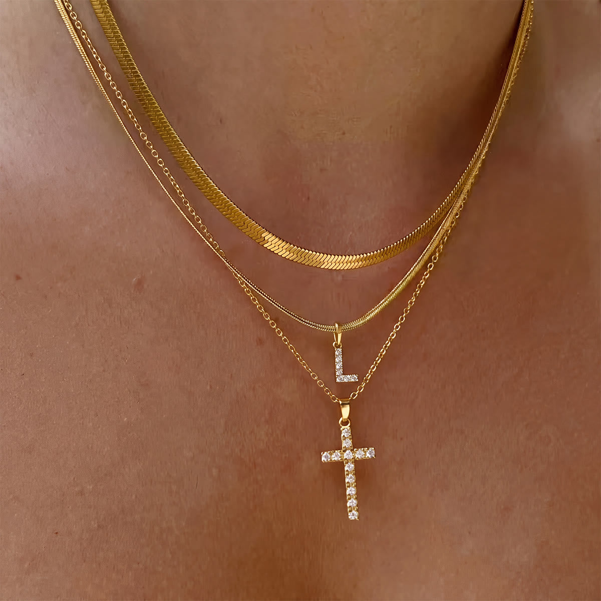 Sparkle Crystal Layered Initial Cross Necklace: Token of Personal Heavenly Grace