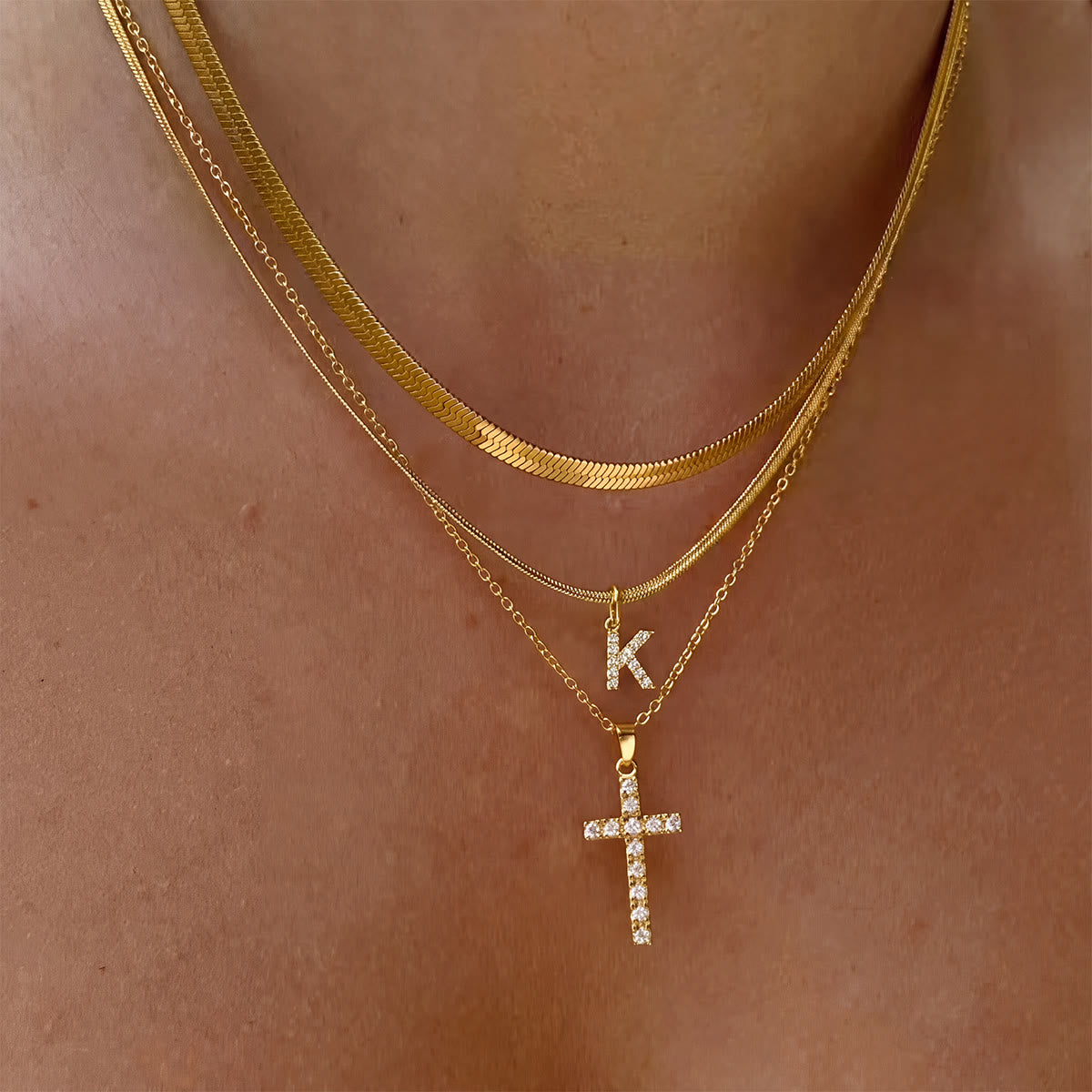 Sparkle Crystal Layered Initial Cross Necklace: Token of Personal Heavenly Grace
